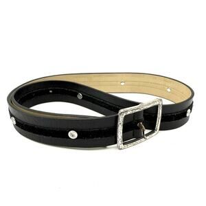 Vintage Ann Taylor Black Leather Belt M Velvet Trim Studs Distressed Buckle Y2K